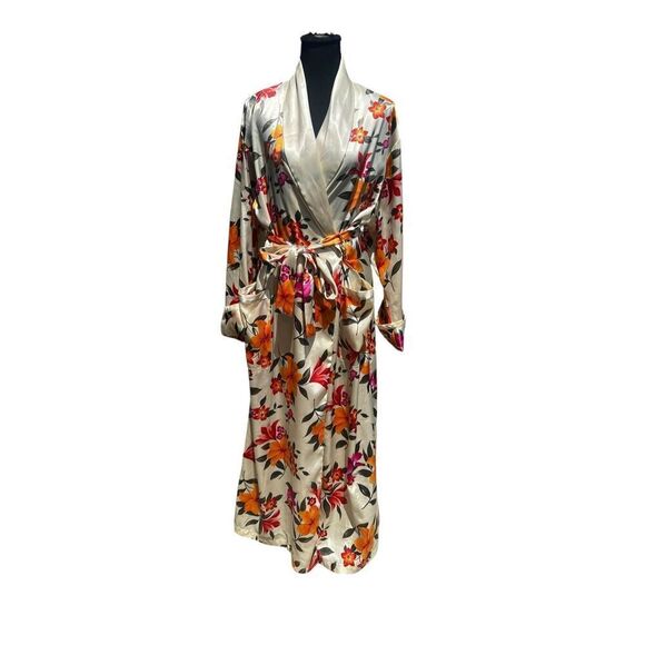 Victoria's Secret vintage Orange Pink Hibiscus Satin Maxi Robe Long Sleeve XS/S - Picture 1 of 7